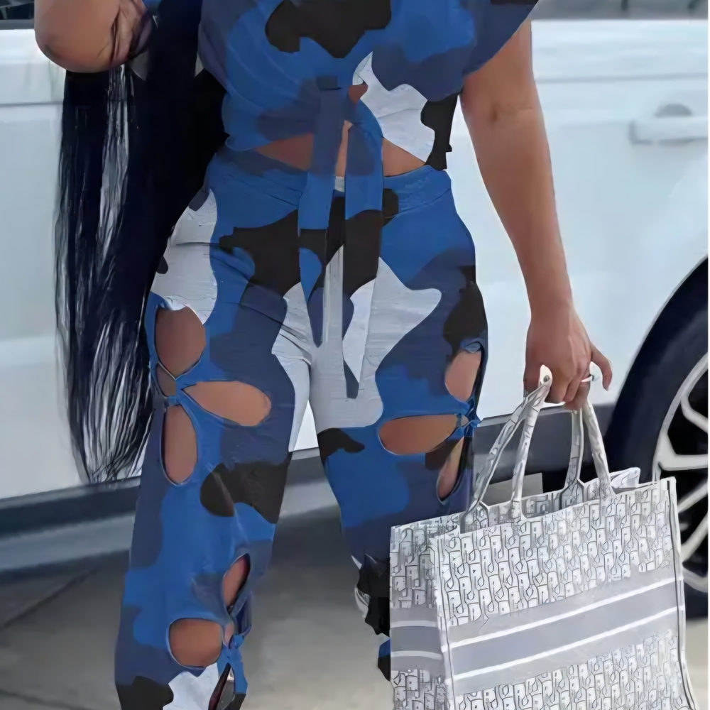 Stylish Blue Camouflage Women's Two-Piece Set